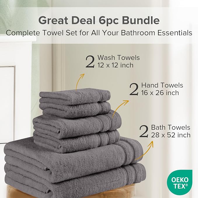 Comfort Spaces 6 Pc Towel Set, 100% Cotton Zero Twist, Dark Grey | Zero Twist Cotton, Quick Dry Ultra Soft, 2 Bath 2 Hand 2 Washcloth, Absorbent Lightweight Towels for Everyday