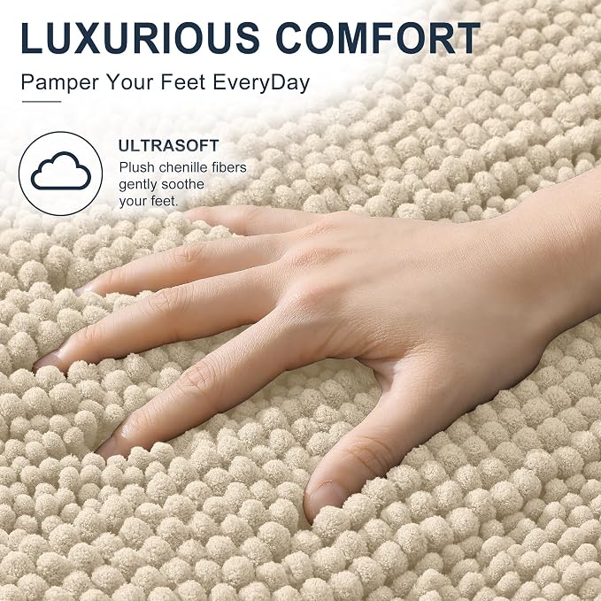 Smiry Thick Chenille Bathroom Runner Rugs 47x17, Extra Absorbent Striped Bath Mat, Machine Washable, Rubber Backing, Long Bath Rugs for Tub & Shower, Modern Home Decor Accessories, Sand