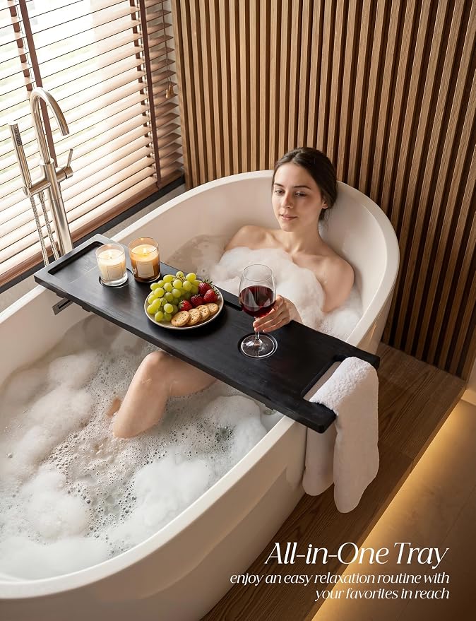 Tinamo Acacia Bathtub Caddy Tray Table | 39x9.8 Inch Large Bath Tub Wooden | Anti-Tipping, Sustainable Tub Tray for Bath tub | Bath-tub Accessories Holders for Bath-tub (Black Color) | Acacia Wood, Adjustable Legs, Easy Assembly, Fits Most Tubs, Wide S...