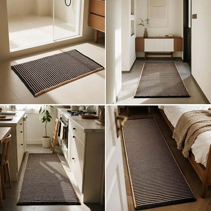 Triohero Waffle Bath Mat, Boho Bathroom Rugs Non Slip Washable, Ultra Soft Super Absorbent Quick Dry Farmhouse Bathroom Decor, 24" x 48", Black & Khaki