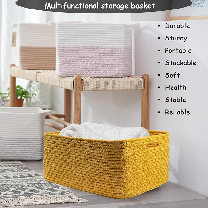 COMFY-HOMI Cotton Rope Woven Basket with Handles for Shelves,Toys,Book, Cloth Storage Baskets Bin for Organizing- 1 PCSToy Decorative Organizer for Living Room, Bathroom 17" x 13" x 7.5"