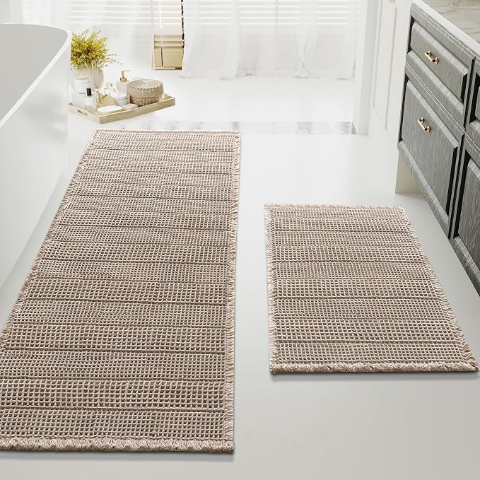 H.VERSAILTEX Waffle Bath Mat Super Absorbent Bathroom Mats Non Slip Bath Rugs for Bathroom Floor Machine Washable Ultra Soft Bathroom Rugs for Beside Tub, (32 x 20 Plus 24 x 60 - Inches, Irish Cream)