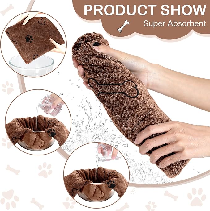 Chumia 8 Pcs Microfiber Dog Towels for Drying Dogs Cats 40 x 24 Inch Pet Towels Bulk for Large Puppy Absorbent Fast Drying Paw Bath Bathing Supplies for Pets(Dog Paw and Bone,Coffee)