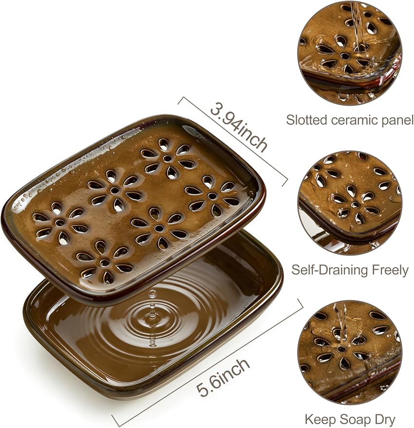 Miamolo Soap Dish with Draining, Bar Soap Holder Keeping Soap Bars Dry | 2-tier Tray Catch Drips, Mess-Free, Non-Slip Base | for Shower Bathroom Bathtub | Sponge Holder Kitchen Sink | Gift, Brown