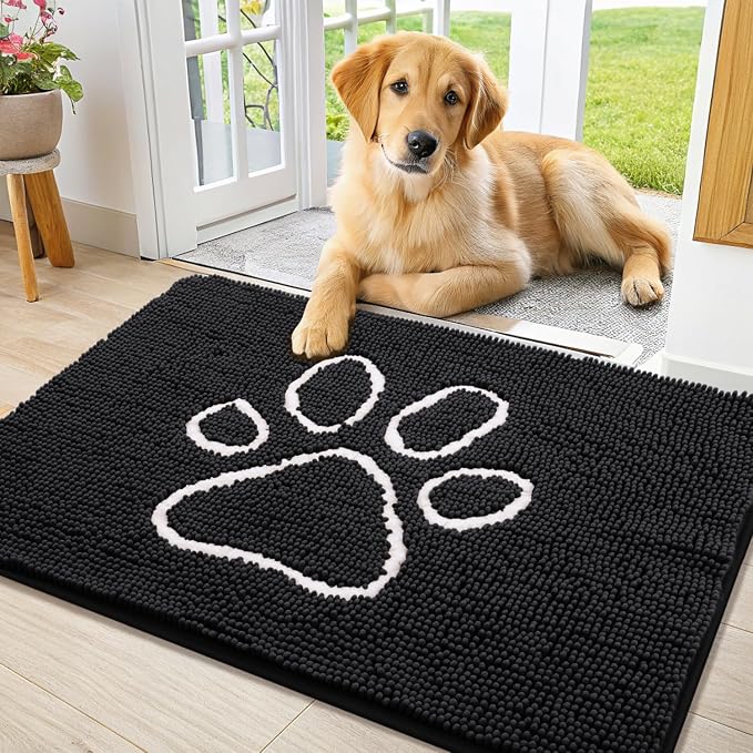 Smiry Dog Door Mat for Muddy Paws, Absorbent Dirt Trapper Non Slip Quick Dry Washable Chenille Mat for Mud Dogs, Entry Rug for Indoor and Outdoor (36x24 Inches, Black and White)