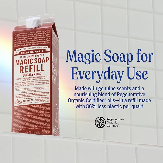 Dr. Bronner's Magic Soap-Pure-Castile Liquid Refill (Eucalyptus, 32 ounce, 1-Pack) - Regenerative Organic Certified Oils, For Body, Hair, Laundry, Pets & Dishes, Concentrated, Vegan, Non-GMO