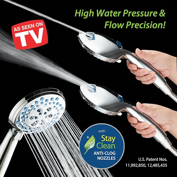 AquaCare Seen-On-TV High Pressure 8-mode Handheld Shower Head - 2-mode Power Wash to Clean Tub, Tile & Pets, Stay-Clean Nozzles, Extra Long 6 ft. Stainless Steel Hose, Wall & Overhead Brackets, Chrome