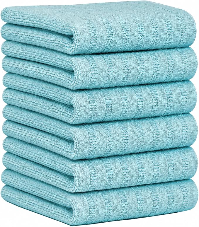 Premium Kitchen Towels (20”x 28”, 6 Pack) | Large Cotton Dish Towels 450 GSM | Highly Absorbent Terry Kitchen Linen Set with Hanging Loop | Aqua Solid