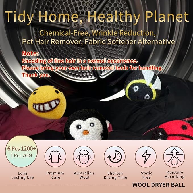 Bumblebee Wool Dryer Balls 6-Pack,Natural Fabric Softener Replacement, Vibrant Multi-Tone Design, Year-Round Static Control - Shorten Dryer Time for Kids' Clothes, Blankets & Delicates