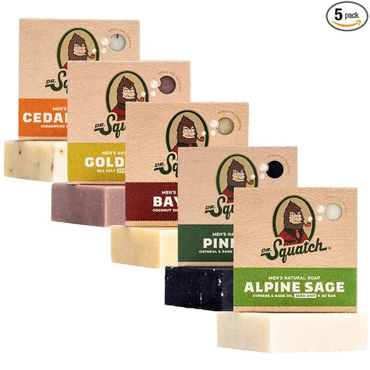 Dr. Squatch Natural Men’s Bar Soap - Cold Process Body Soap Bar with Natural Oils - Gifts for Men - Cool Fresh Aloe, Gold Moss, Pine Tar, Cedar Citrus & Alpine Sage (5 oz, 5-Pack)