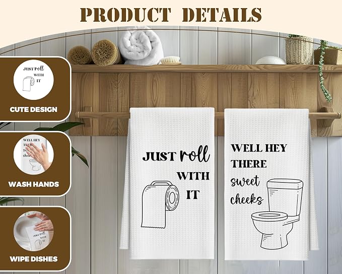 Bath Towels Set of 2, Funny Toilet Roll Dish Towel for Bathroom Spa Kitchen, Just Roll with It Decorative Hand Towels, Fast Drying Tea Towel, Housewarming Xmas Gifts for Women Mom -B35