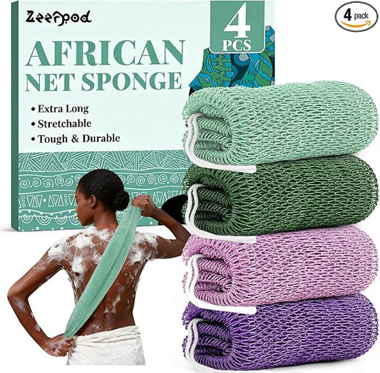 African Net Sponge Authentic-4 Packs African Exfoliating Net Sponge,Bath Sponges for Shower,42 inch Long for Normal to Sensitive Skin, Body Exfoliator Shower(Lightpurple,Purple,Mint Green,Dark Green)