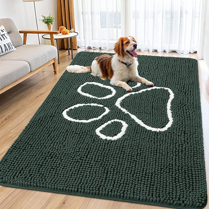 Smiry Dog Door Mat for Muddy Paws, Absorbent Dirt Trapper Non Slip Quick Dry Washable Chenille Mat for Mud Dogs, Entry Rug for Indoor and Outdoor (71x46 Inches, Green and White)
