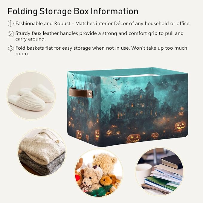 Halloween Castle Storage Basket with Waterproof Liner and PU Handles Spooky Bat Pumpkin Lantern Storage Bins Boxes 14.2" Collapsible Decorative Organizer Baskets for Bedroom Closet Office 2 Pack