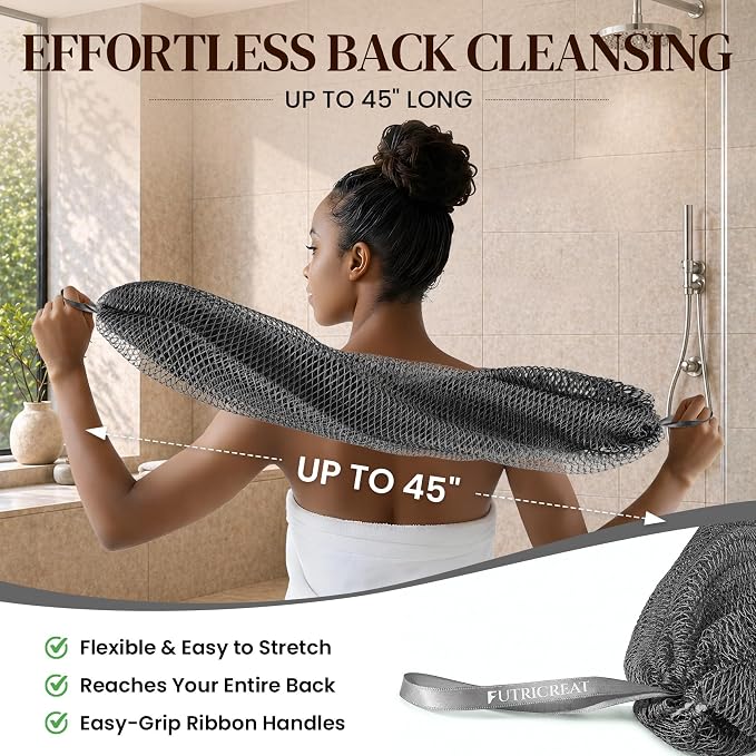4 Pack African Net Sponge Authentic, Exfoliating Washcloth, Body & Back Scrubber, Better Alternative to Traditional Loofahs, Perfect for Daily Shower & Travel, Yellow, Brown, Gray & Forest Green