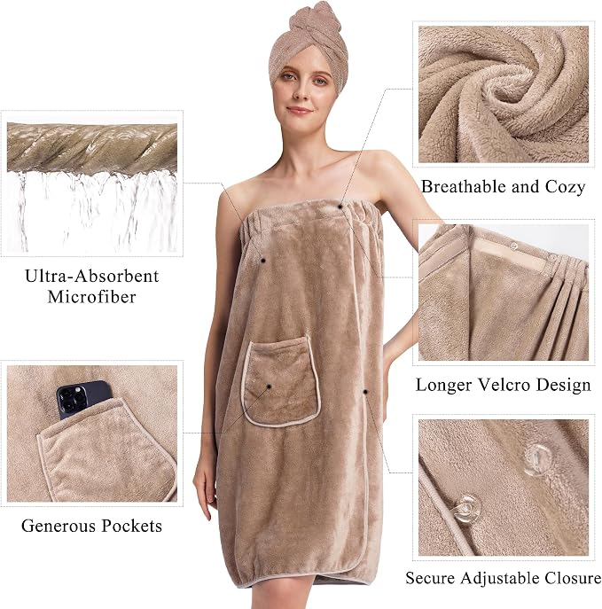 PJGGZ Towel Wrap for Women, Three Adjust Clasps Closure Bath Wraps After Shower Spa Sauna Bathrobe(Available in Plus Size)