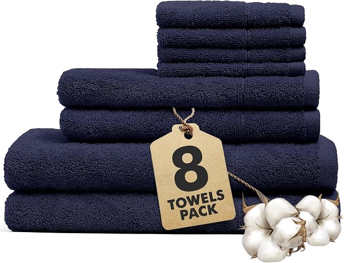 Bath Towels Set of 8 – 100% Cotton (Navy Blue) Bathroom Towel Set Bale Includes 2 Bath, 2 Hand, 4 Face Towels – Soft, Absorbent & Quick Dry Towel for Bathroom, Spa, Kitchen, Hotel Use