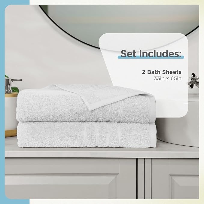 Martex 2-Pack Ultimate Performance Bath Sheet Set, White, 33" x 65" | 100% Cotton, Extra Large Bath Towels, Super Absorbent, Low-Linting, Supersoft