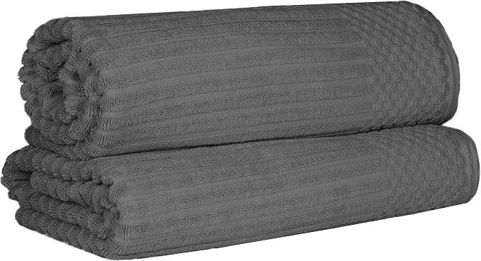 Superior Cotton 2-Piece Solid and Ribbed Bath Sheet Set, Bath Sheets- 34" x 68", Charcoal