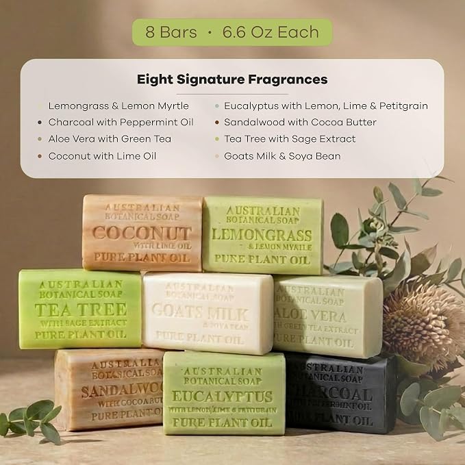 Australian Botanical Soap Variety Pack, 6.6 oz Bars – Goat Milk, Eucalyptus, Sandalwood, Coconut, Lemongrass, Aloe, Tea Tree, Charcoal – Enriched with Organic Shea Butter, Pack of 8