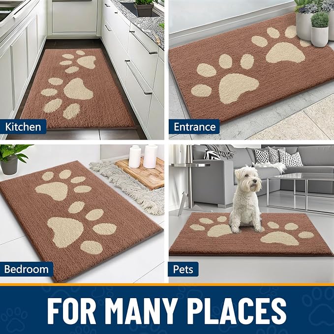 Smiry Dog Door Mat for Muddy Paws, Absorbs Moisture and Dirt, Low-Profile Entryway Mat with Non-Slip Backing, Entry Indoor Outdoor Doormat for Inside Floor (47x24 Inches, Camel, Paw)