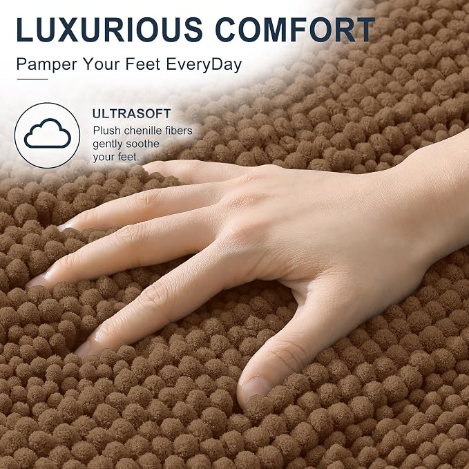 Smiry Thick Small Chenille Bathroom Rugs 24x16, Extra Soft Absorbent Striped Bath Mat, Machine Washable, Rubber Backing, Bath Rugs for Bathroom, Tub & Shower, Modern Home Decor Accessories, Mocha