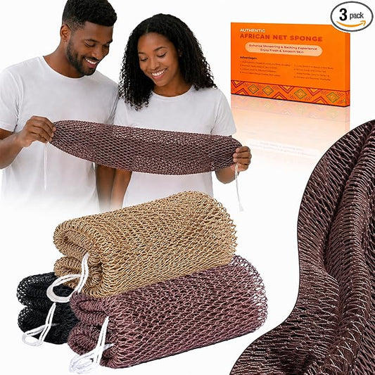African Net Sponge Authentic, 3 Pcs Real African Exfoliating Net Sponge with Knots for Daily Shower Stretch Back Scrubber for Women and Men Bath Travel Gift Gym Use (Black+Champagne Gold+Brown)