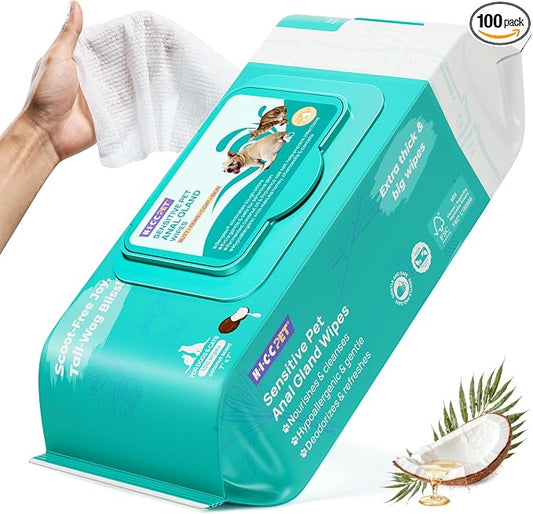 HICC PET Wipes for Dogs & Cats, Cleaning Deodorizing Anal Gland Wipes, Hypoallergenic Hydrating & Nourish Fur Dog Grooming Wipes for Paw, Butt, Body