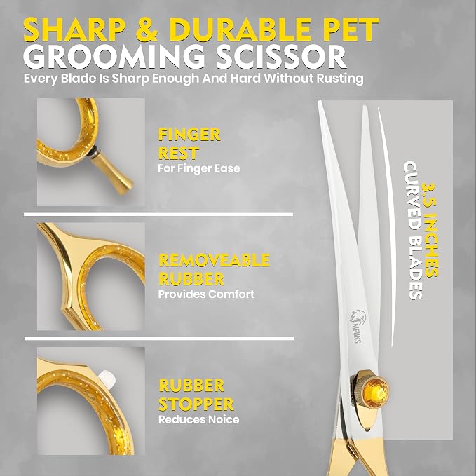 7.5 Inch Curved Grooming Scissors for Dogs and Cats – Professional Pet Grooming Shears for Face, Paws, Body and Tail – Sharp, Smooth, Ergonomic Curved Blades for Salon Groomers and Home Use