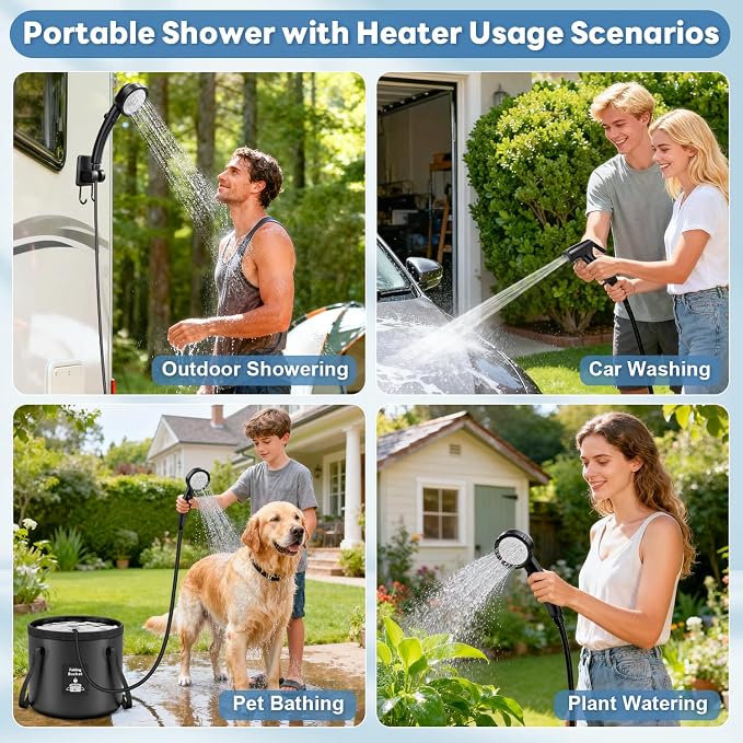 Portable Shower with Heater 6000mAh Rechargeable Camping Shower with LED Display, 3 Spray Modes, IPX7 Waterproof Shower Pump Foldable Bucket Outdoor Showering for Travel