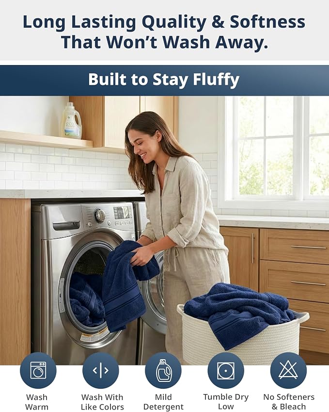 LANE LINEN Luxury Bath Towels Set - 6 Piece Set, 100% Cotton Bathroom Towel, Zero Twist, Quick Dry Shower Towels, Extra Soft Absorbent Towel, 2 Bath Towels, 2 Hand Towels, 2 Wash Cloths - Navy