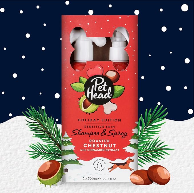 Pet Head Festive Dog Shampoo and Spray Set | Roasted Chestnut with Cinnamon Scent |Christmas Shampoo for Dogs with Sensitive Skin | Vegan | Gentle Formula for Puppies | Made in USA | 10.1 fl. oz. each