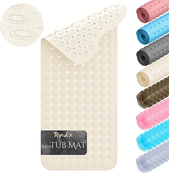 Non-Slip Bathtub Mat – 39"x15.5" Extra Long Shower Mat with Powerful Suction Cups & Drain Holes, Machine Washable Bath Mat for Tub, Foot Massage Texture, Helps Keep Tubs Clean, Cream