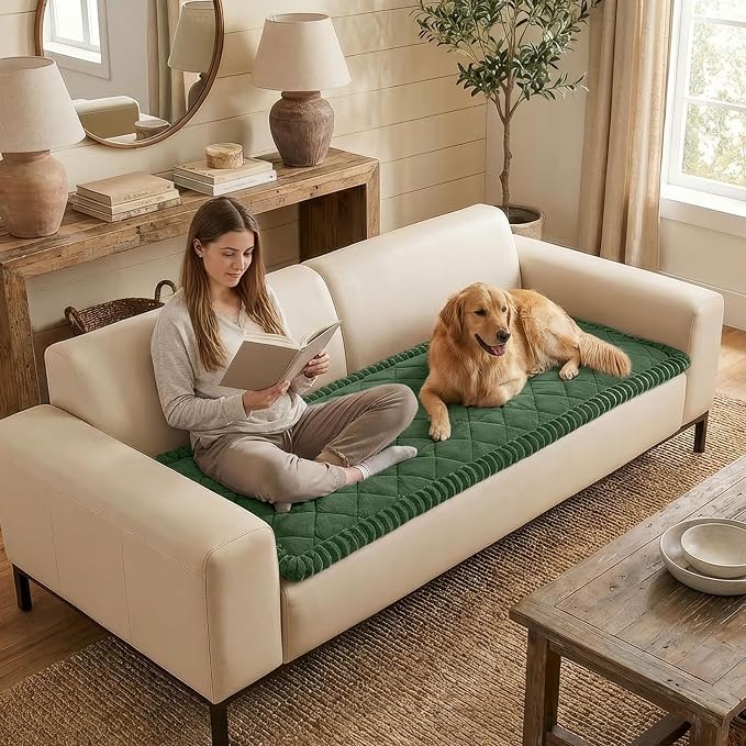 Smiry Couch Cover for Dogs, Non Slip Washable Pet Sofa Protector for Large Dogs, Cats, Fuzzy Plush Sofa Covers Backrest & Armrest, Against Fur, Dirt & Scratch Resistant, Green, 27.6"×27.6"