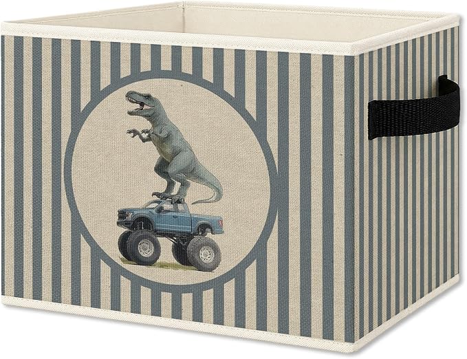 Dinosaur Truck Boy Nursery Foldable Storage Bins Box with Handles, Blue Striped Dino Dinosaur Truck Collapsible Organizer Basket for Boys Kids Bedroom Bathroom Playroom Clothes Books
