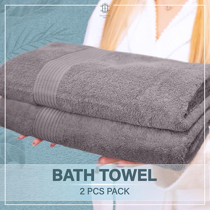 Luxe 2-Piece Bath Towel Set – Large Soft Cotton Towels, Absorbent, Durable & Skin-Friendly, Machine Washable, 27 x 54 in, Stone Grey