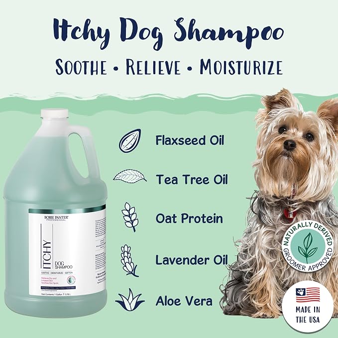 Bobbi Panter Itch Relief Dog Shampoo Tea Tree, Lavender & Flaxseed – Soothing Natural Formula for Itchy & Irritated Skin, Moisturizing, Tear-Free, 16:1 Concentrate, Made in USA, 1 Gallon