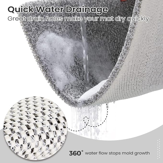 0.6" Extra Thick Non Slip Shower Mat, PVC Loofah Shower Mat with Drain, Quick Drying Bath Mat for Inside Shower, Bathtub Mats Foot Scrubber for Elderly, Bathroom, Kitchen, Wet Areas(Grey 16x27)