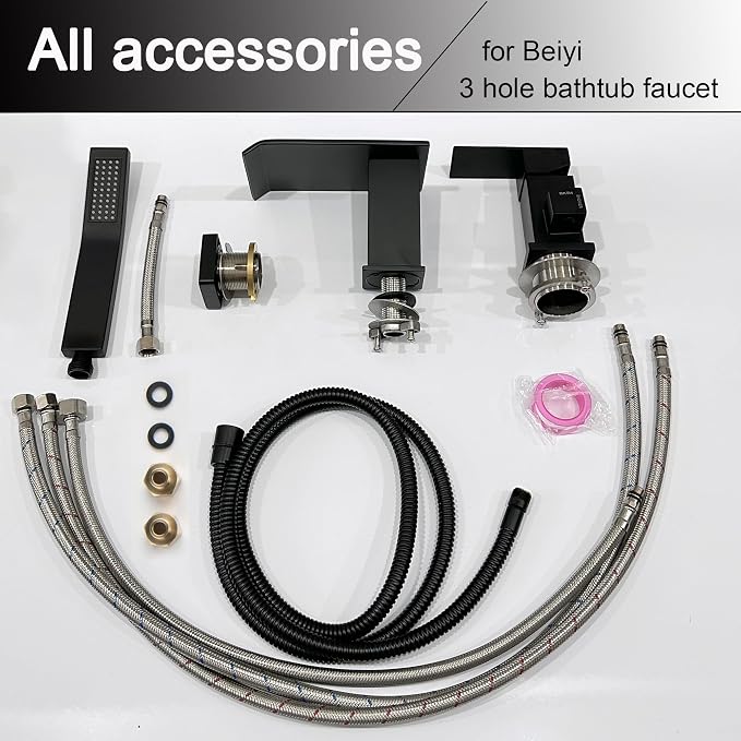 Waterfall Roman Tub Faucet with Hand Shower Matte Black 3 Hole Bathtub Faucet with Sprayer Deck Mount Bath Tub Filler Set