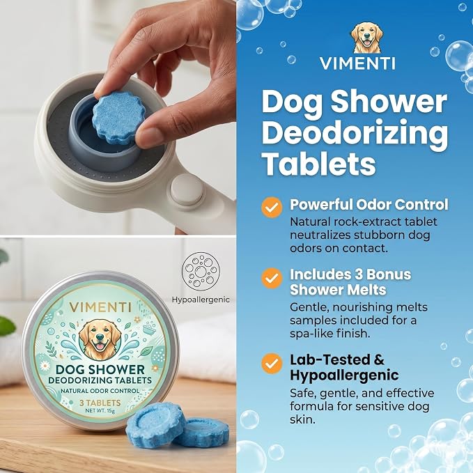 Dog Shower Sprayer Kit with Deodorizing Shower Steamers, Universal Pet Bathing Tool for Indoor & Outdoor Use with Silicone Massage Brush, 8.2ft Extra-Long Hose, Brass Diverter & Lick Mat