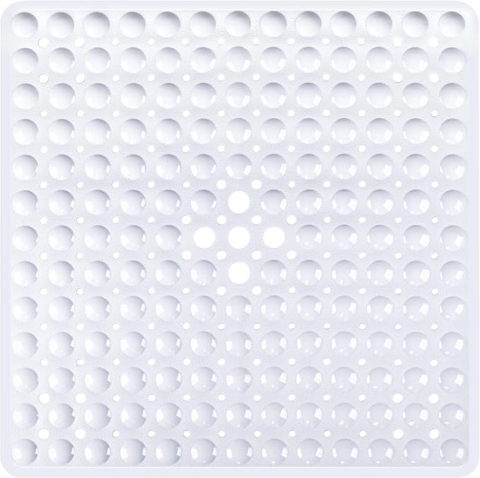 White Square Shower Bathtub Mat Non Slip 21x21 Inch, Soft Bath Mat for Inside Shower Tub, Shower Stall Mats for Bathroom Floor with Big Suction Cups Drain Holes, Easy Washable Dry BPA-Free