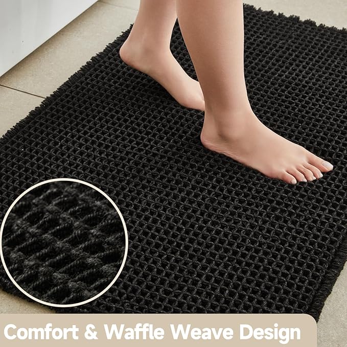 TYUU Black Bathroom Rug, Waffle Bath Mat Non Slip Washable Super Absorbent Quick Dry Boho Farmhouse Bathroom Decor, 30"x20" Black