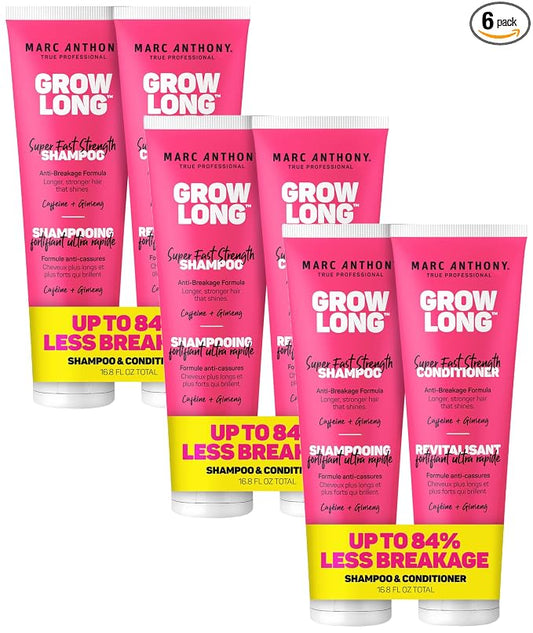 Marc Anthony Shampoo and Conditioner Gift Set, Grow Long Biotin - Anti-Frizz Deep Conditioner For Split Ends & Breakage - Vitamin E, Caffeine & Ginseng for Curly, Dry & Damaged Hair (Pack of 6)
