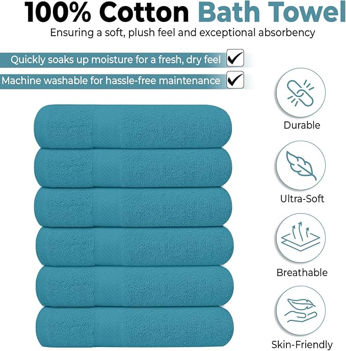 KAHAF COLLECTION 6 Pack Bath Towels Set (27 x 54 Inches) 100% Ring Spun Cotton, Lightweight, Quick Dry, Highly Absorbent Towels (Teal, (27x54) Inches)