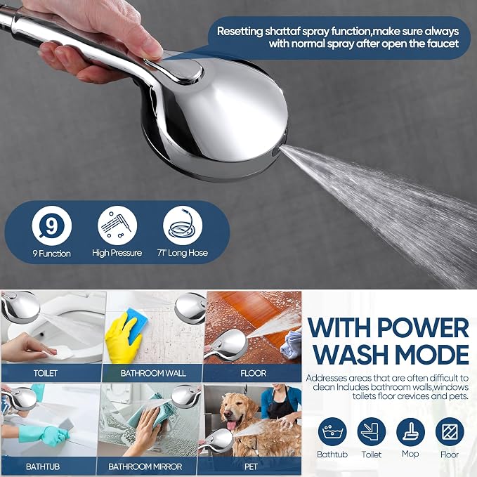 KINSE High Pressure Shower Head with Hose,9-Mode Handheld Shower Head, 5" Shower Head with 71" Extra Long Shower Hose & Adjustable Bracket,Built-In Power Wash to Clean Tub, Tile & Pets