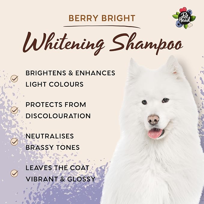 Pet Head Berry Bright Whitening & Colour Enhancing Dog Shampoo | Blueberry Scent | for Brightening White and Light Dog Coats | Neutralizes Yellow and Brassy Tones | Suitable for Puppies | 16 fl. oz.