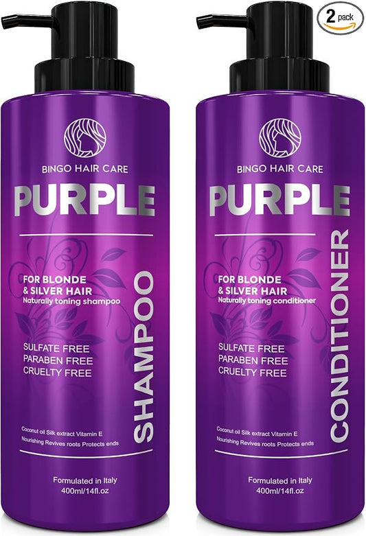 Purple Shampoo and Conditioner Set - Sulfate Free Formula for Women and Men - For Toning and Balancing Brassy, Blonde, Silver and Gray Hair - 14 Fl Oz (Set of 2)