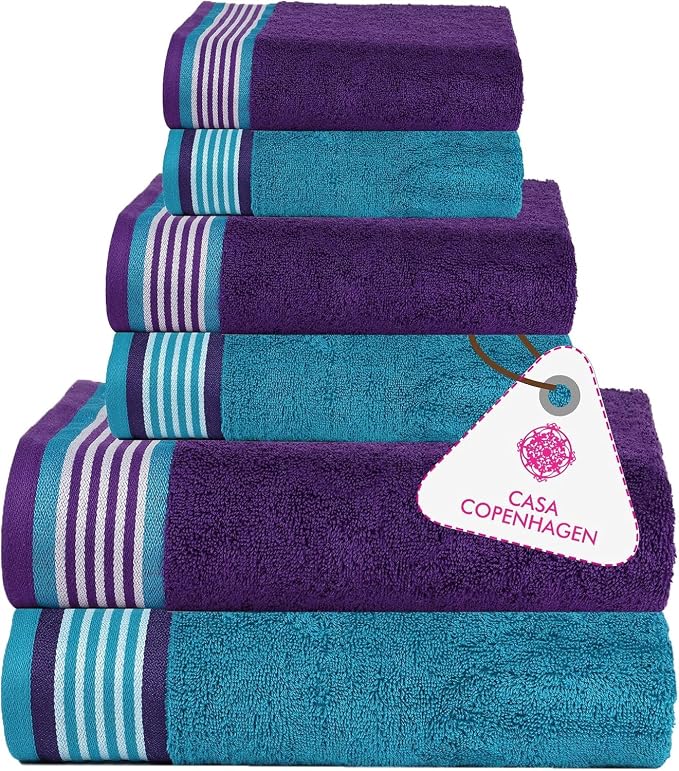 CASA COPENHAGEN He & She 6Pcs 100% Egyptian Cotton Large Designer Towels Gift Set- Violet - Cyan, 550GSM, 2Bath 2Hand 2Washcloths, Bath Towels for Bathroom (Gift Set for Women & Men)