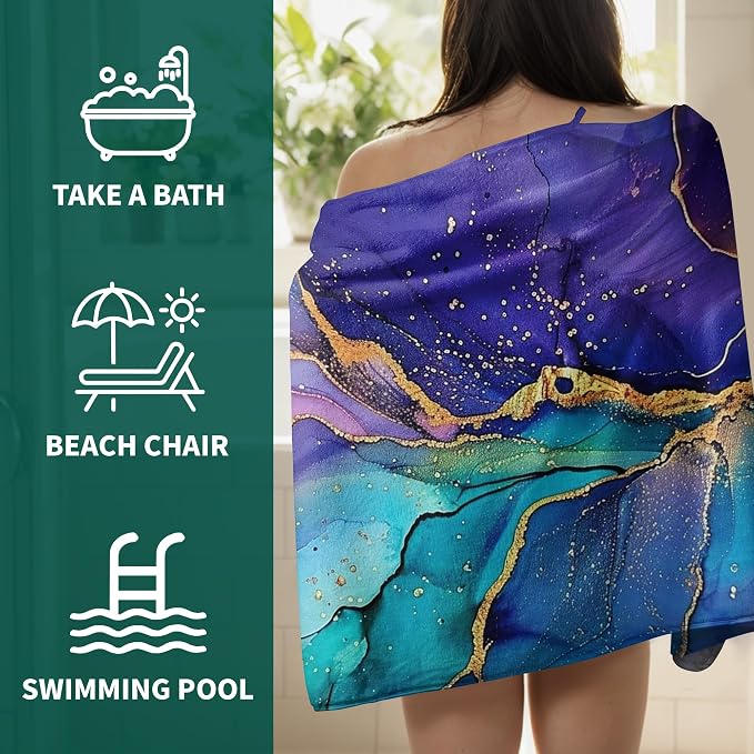Purple Blue Marble Bathroom Towels Art Decorative Bath Towels Colorful Microfiber Absorbent Beach Towels
