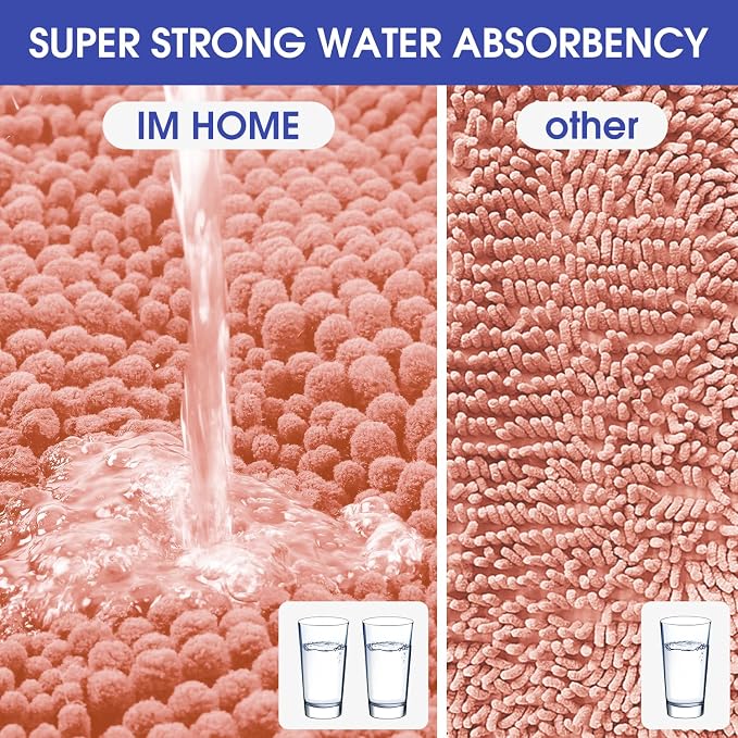 ACCUMTEK Striped Coral Bathroom Rug Mat Set 2 piece 32"x20"+60"x20" Ultra Soft, Non Slip Chenille Bath Rugs, Absorbent Plush Shaggy Bath Mats for Bathroom, Bedroom, Kitchen, Shower, Tub